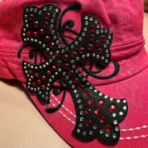 Pink (baseball style) Cap with black and red embellished gothic cross
